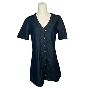 Blue Denim Button Front Mini Dress Short Sleeve V Neck Size M